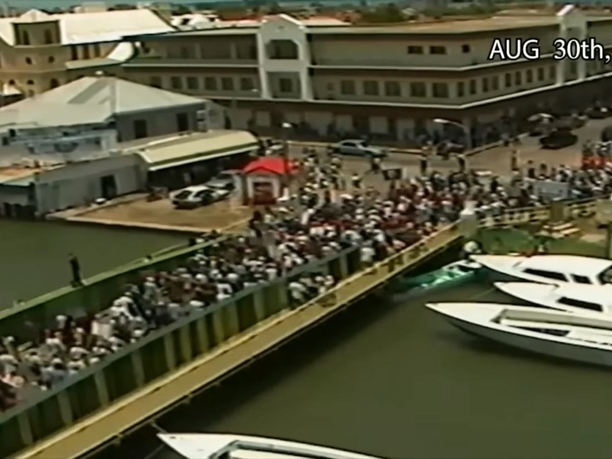 protest across swing bridge